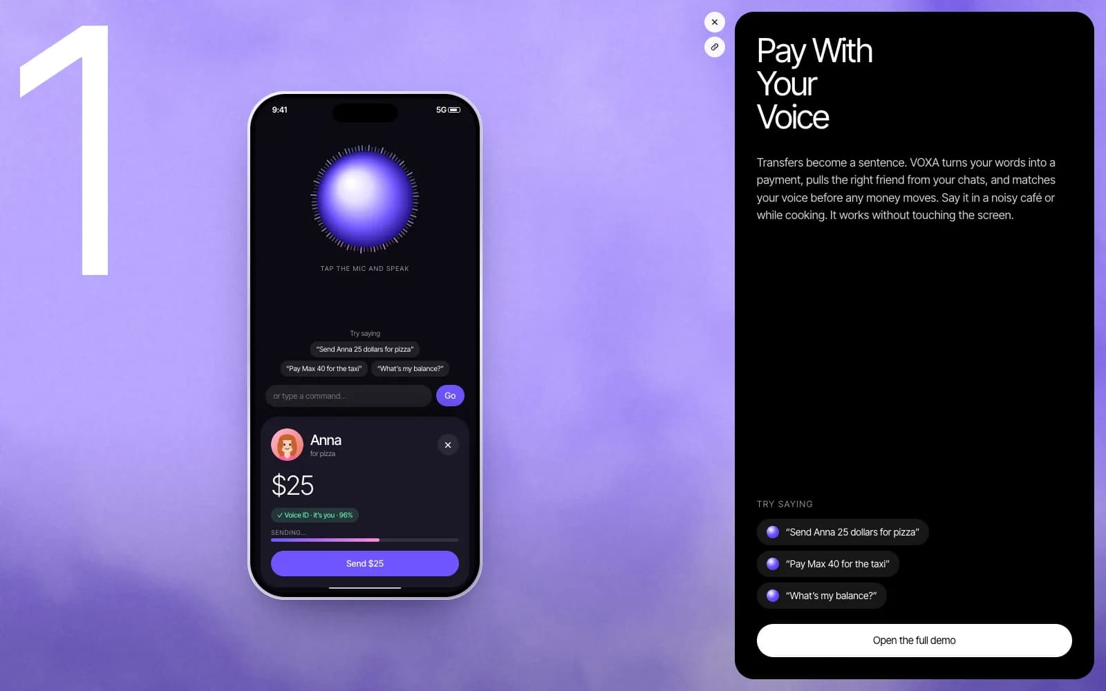 The voice-pay panel over a violet gradient: the phone shows Anna, $25 and a green “Voice ID · it’s you · 96%” badge with a sending bar, and the feature text sits in a black panel on the right.