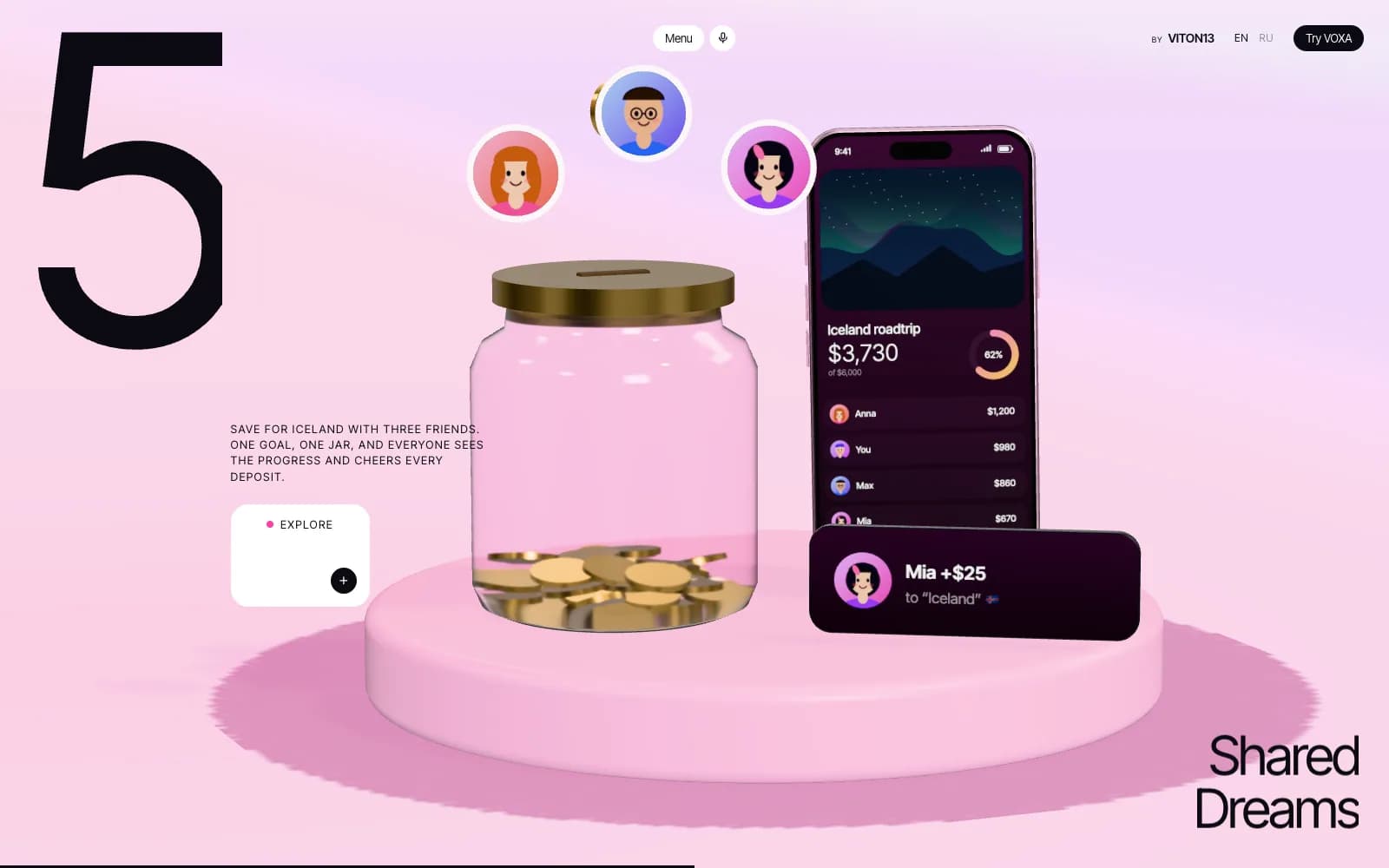 Slide five, Shared Dreams: a glass jar filling with gold coins, three friends’ portraits above it and a phone with the “Iceland roadtrip” dream at 62%, on a pink pedestal.