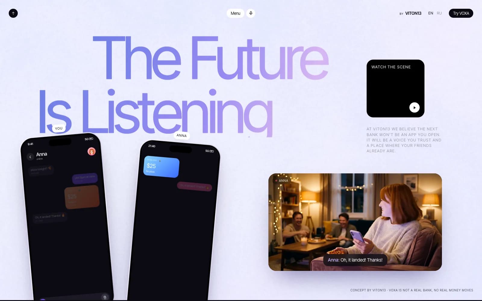 The closing scene: Alex’s phone with the money in the chat and Anna’s phone with $25 received, next to a film frame of Anna laughing at her phone, subtitled “Oh, it landed! Thanks!”.