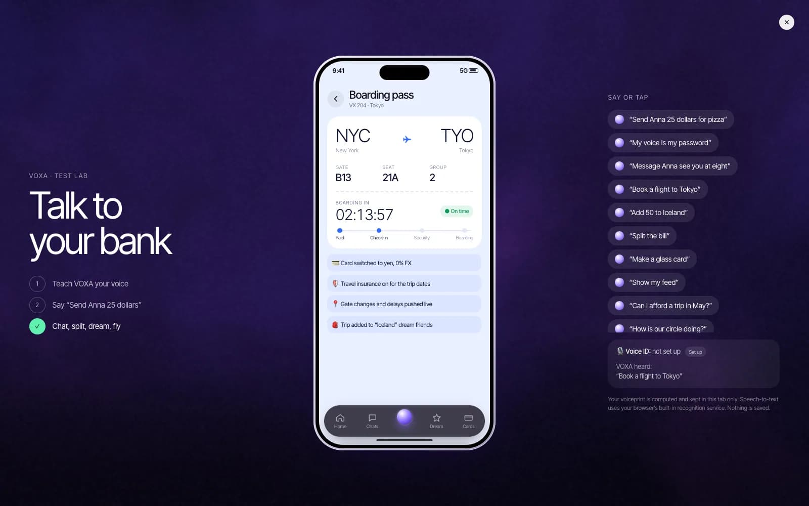 The test lab: steps on the left, a phone with a live NYC → TYO boarding pass, gate and countdown in the middle, and commands to say or tap on the right.