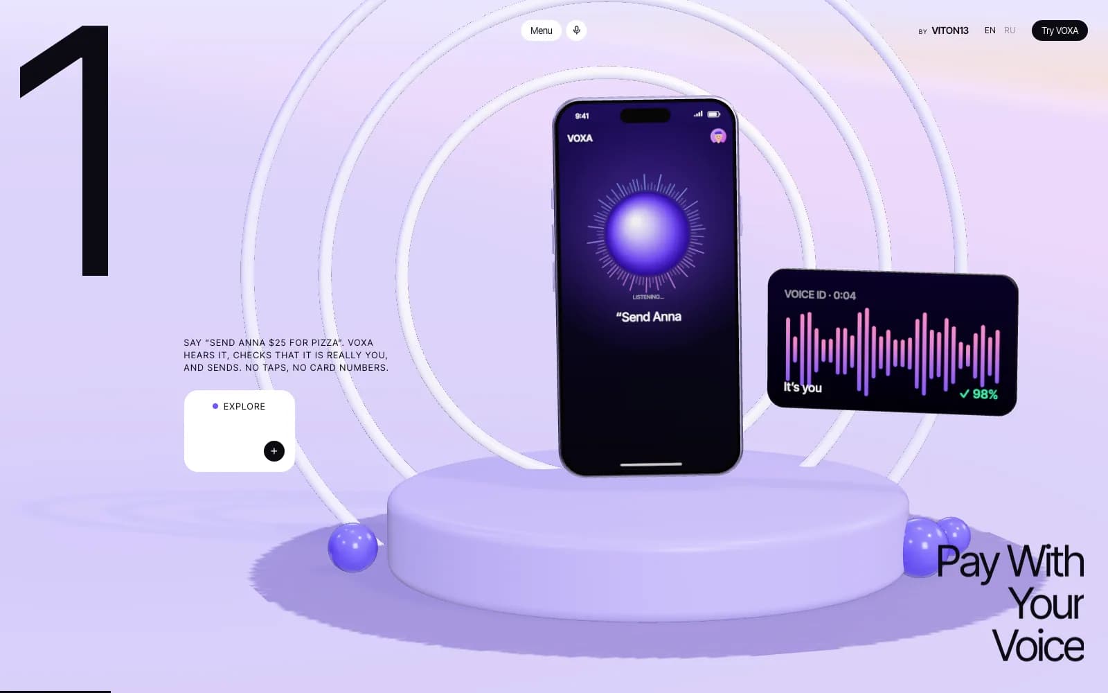 Slide one of VOXA: a huge “1”, a phone listening to “Send Anna $25 for pizza” on a lilac pedestal inside white sound rings, a floating “Voice ID 98%” card and the title “Pay With Your Voice”.