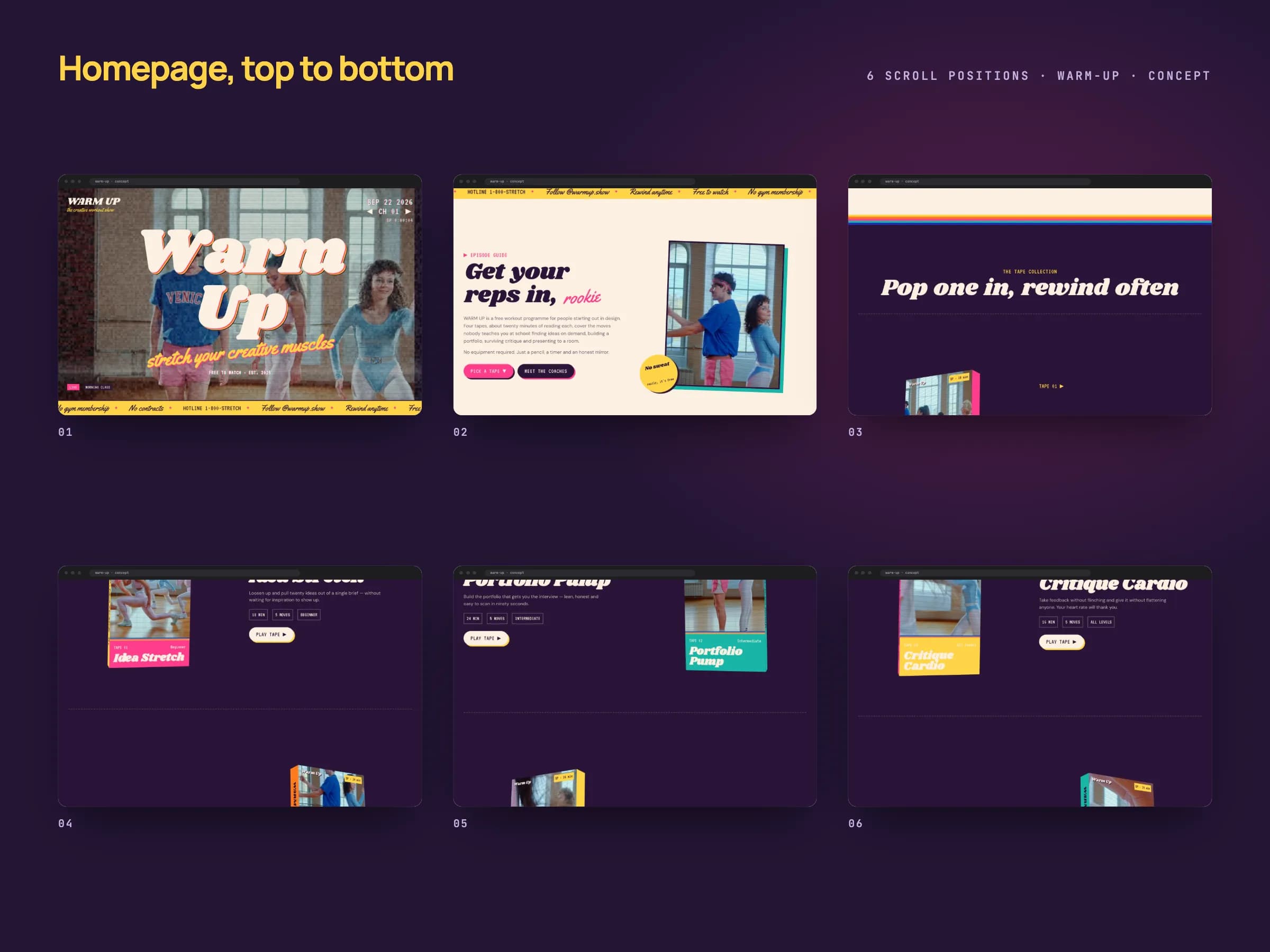 Seis fotogramas de la portada de WARM UP de arriba abajo: el televisor con el indicador de canal y el título retro, la guía de episodios, las carátulas VHS en 3D y el formulario de llamadas, en bloques crema, ciruela, rosa y amarillo.