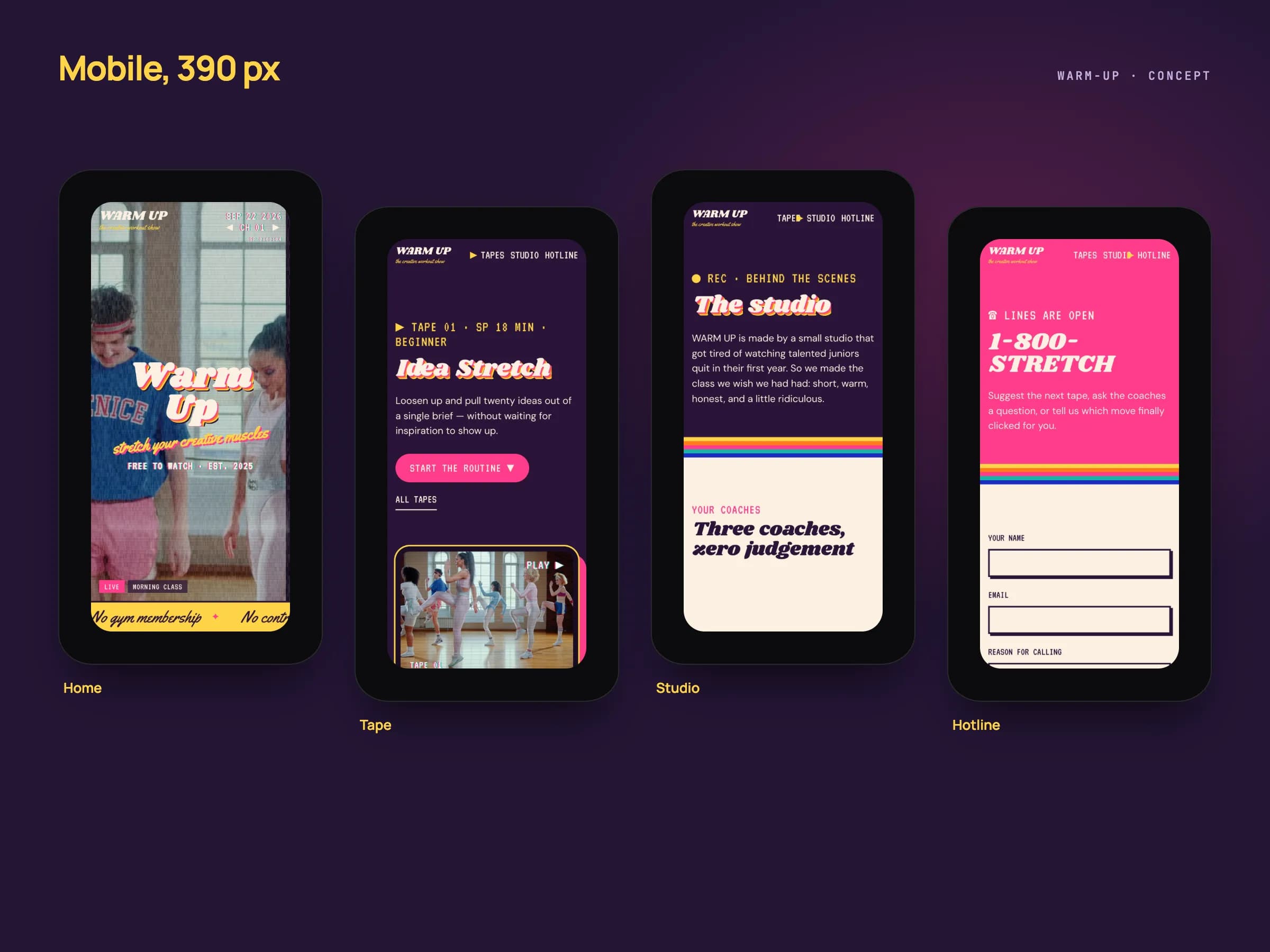 Cuatro pantallas de móvil de WARM UP a 390 px: el televisor de la portada, la cinta Idea Stretch, el estudio y la línea de llamadas, en ciruela, rosa, crema y amarillo, con tipografía de pantalla al estilo VHS.