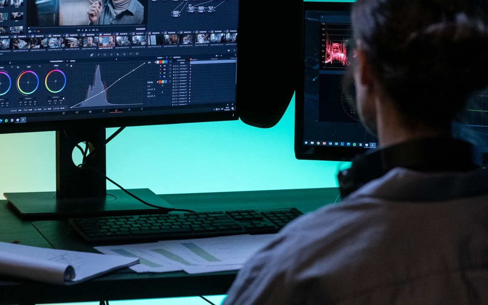 Un poste de montage vidéo avec un ordinateur et un écran de travail