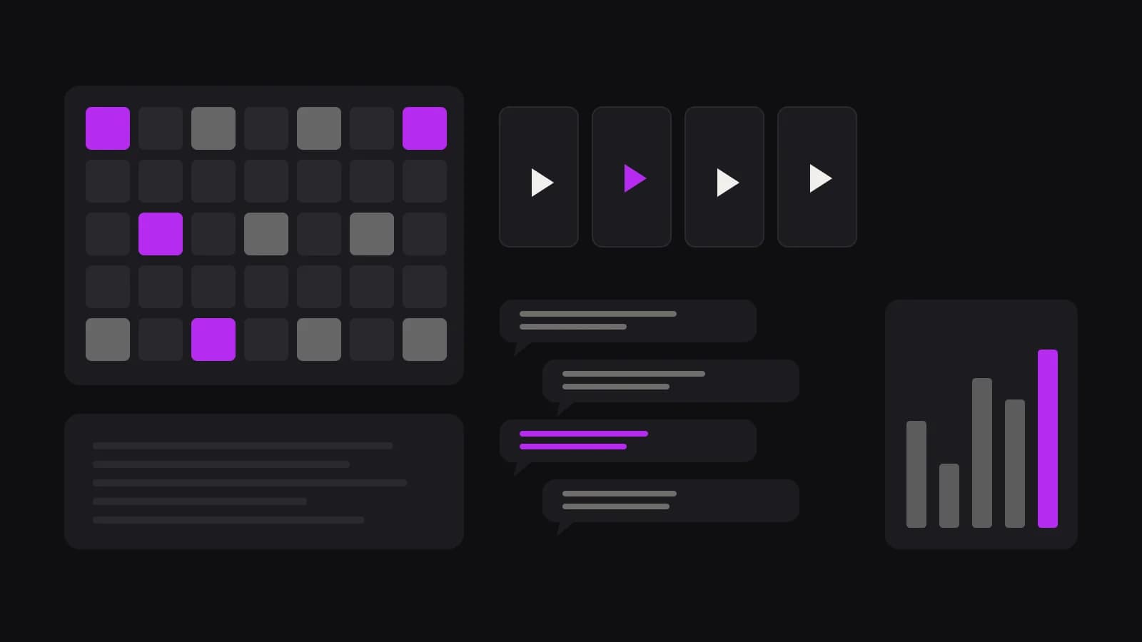 Abstract diagram of a production desk with a content calendar grid, clip frames, a comment queue and a small chart