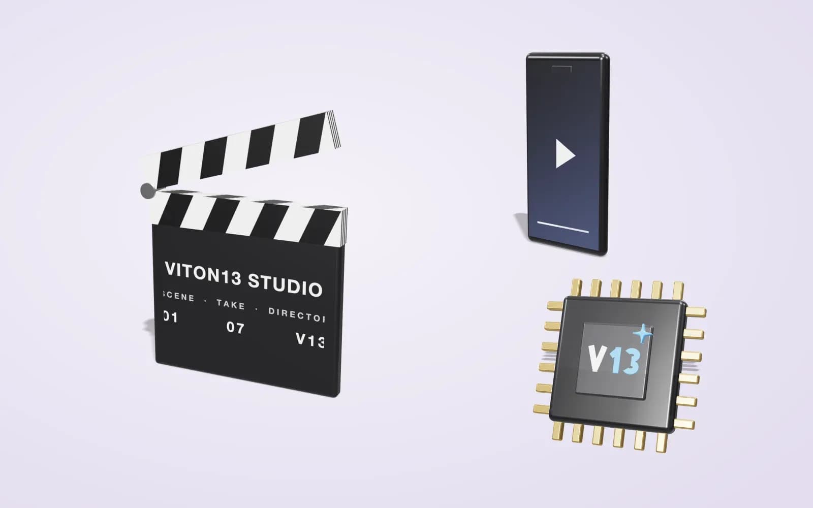 Illustration: a 3D clapperboard, a phone with a play button and a V13 chip on a light background