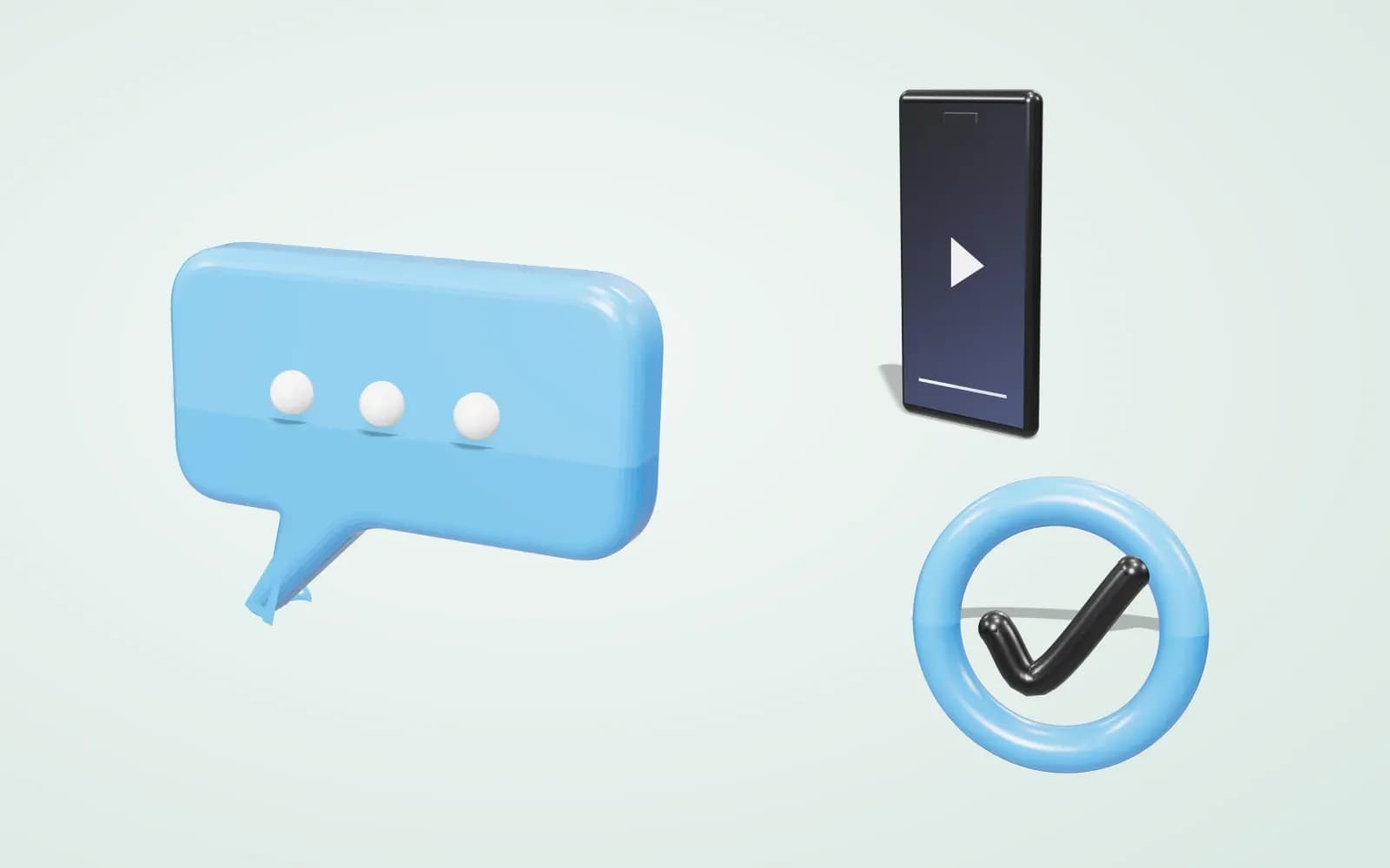 Illustration: a 3D chat bubble, a phone and a check mark on a light background