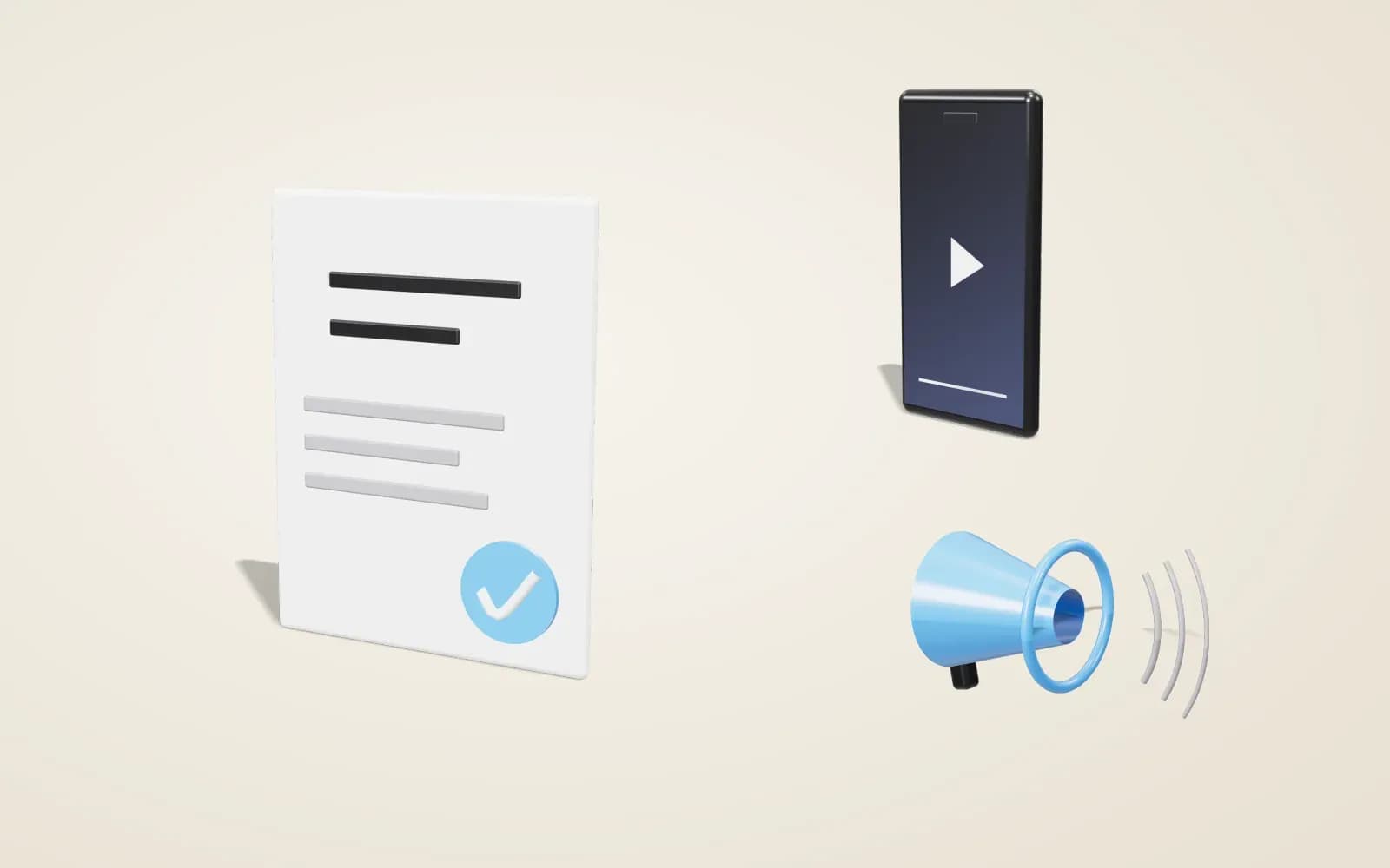 Illustration: a 3D document, a phone showing a video and a megaphone on a light background
