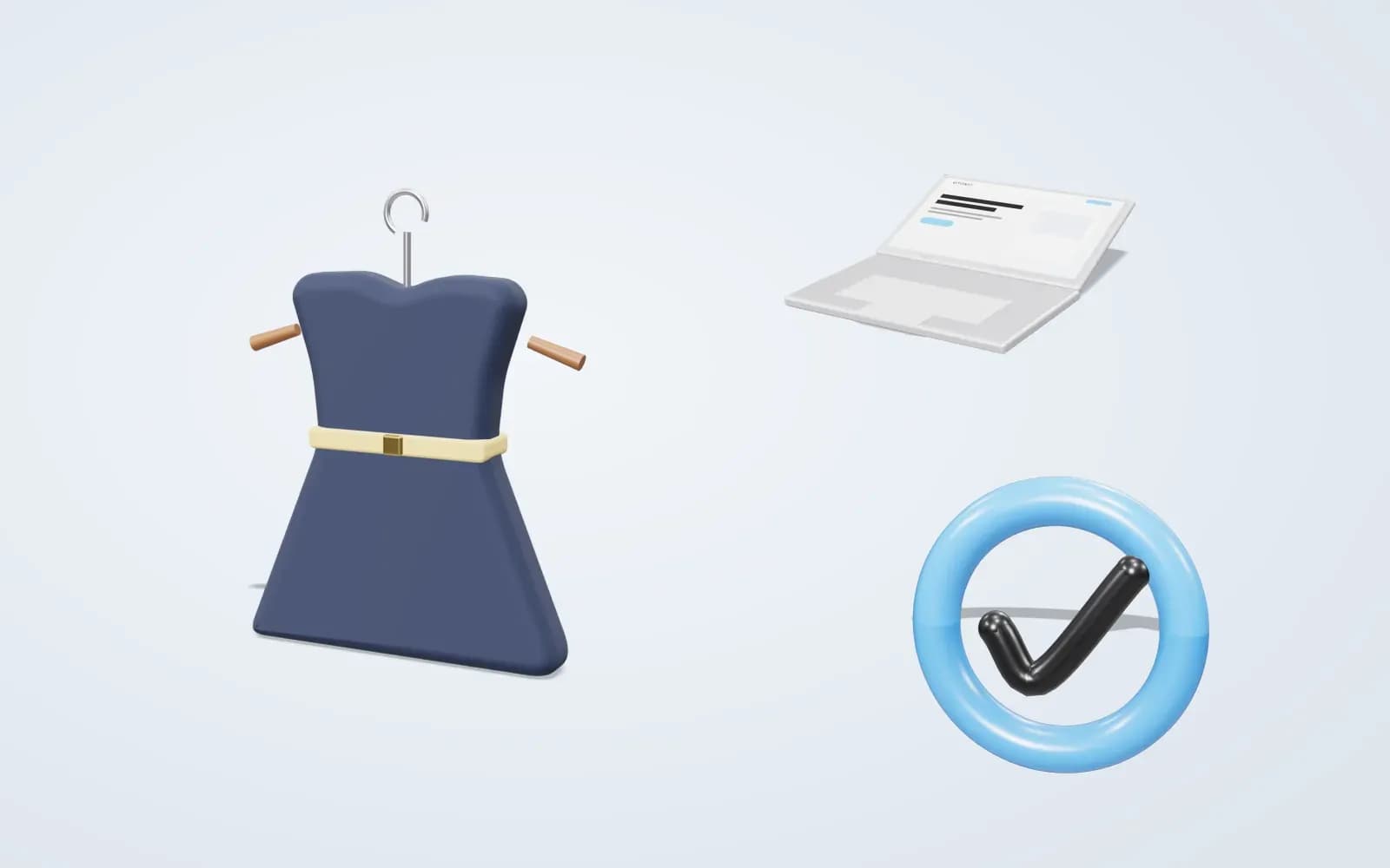 Illustration: a 3D dress on a hanger, an open laptop and a check mark on a light background