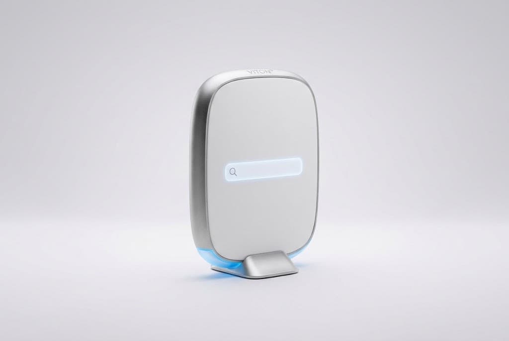 An upright white VITON13 panel showing a single glowing search bar
